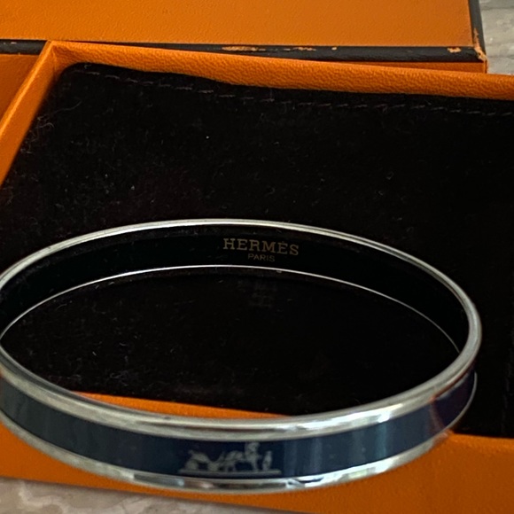 Hermes Bangle Curry Silver Navy Blue Enamel Bracelet - Picture 6 of 8